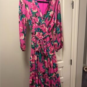 Tahari Pink and Green Floral Long Sleeve Dress